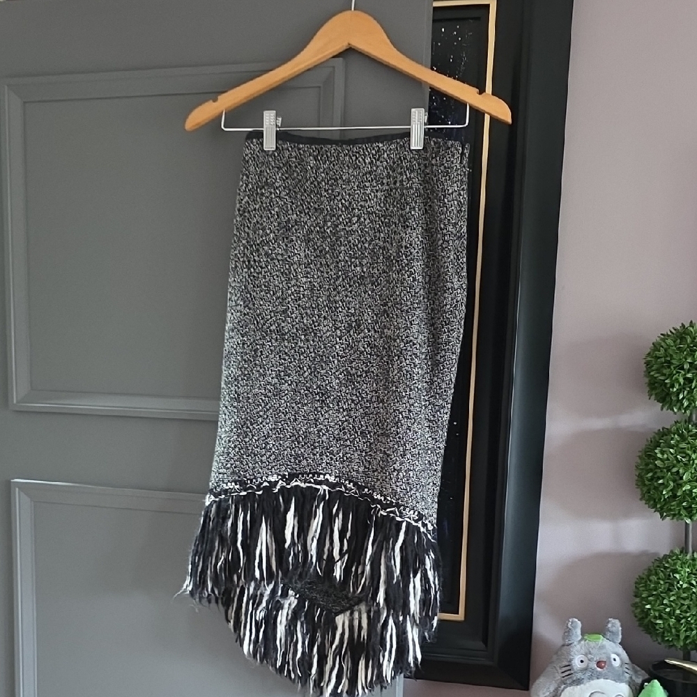 Mango Black and White Knit High-Low Fringe Skirt Y2K